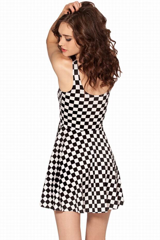 F33053  Stylish Chessboard Skater Dress
